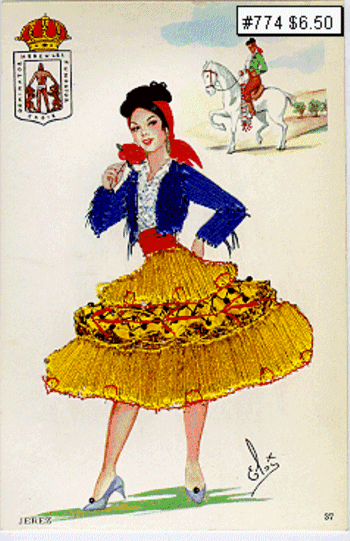 Postcard (774): Embroidered Post card of young lady from Jerez