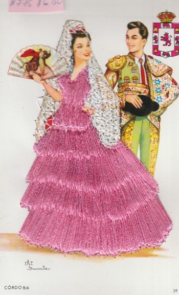 Postcard (775): Embroidered Post card of flirting couple from Co rdoba