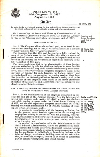 An Act: Housing and Urban Developement Act of 1968