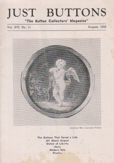 Just Buttons 1958 August vol xvi #11: The Button Collectors' Maga zine
