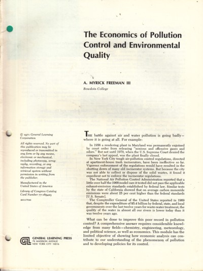 Economics of Pollution Control and Environmental Quality