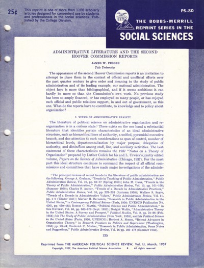 Administrative Literature and the Second Hoover Commission Report s.