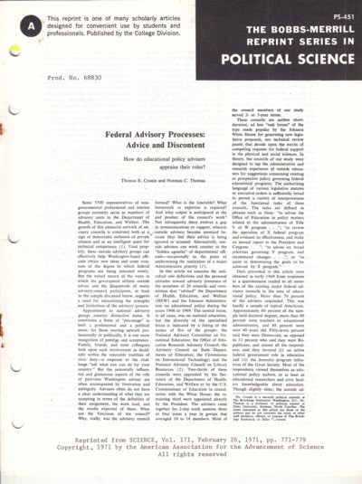 Federal Advisory Processes: Advice and Discontent