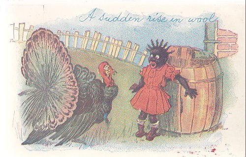 Trade Card: A Sudden Rise in Wool; girl with turkey