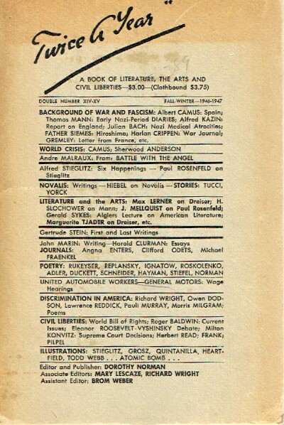 Twice A Year: A Book of Literature, The Arts, and Civil Liberties: Double Number XIV-XV - Fall and Winter 1946-1947