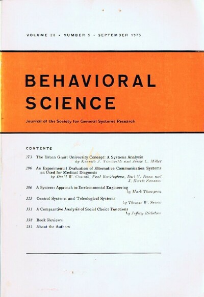Behavioral Science (Volume 20, Number 5, September 1975) Journal of the Society for General Systems Research