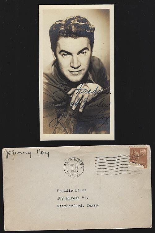 VINTAGE ORIGINAL STUDIO SIGNED PHOTOGRAPH OF JOHNNY COY WITH ORIGINAL ENVELOPE