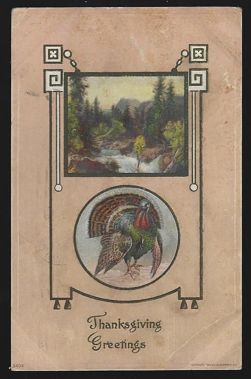 THANKSGIVING GREETINGS POSTCARD WITH TURKEY AND LANDSCAPE