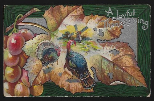 JOYFUL THANKSGIVING POSTCARD WITH TURKEYS IN LEAF WITH WINDMILL AND GRAPES
