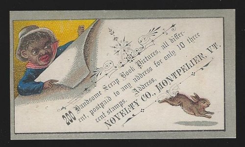 VICTORIAN TRADE CARD FOR NOVELTY CO., WITH AFRICAN AMERICAN BOY AND RABBIT