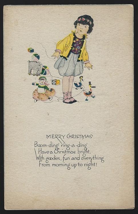 MERRY CHRISTMAS POSTCARD WITH YOUNG GIRL AND TOYS