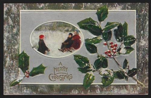 MERRY CHRISTMAS POSTCARD CHILDREN SLEDDING