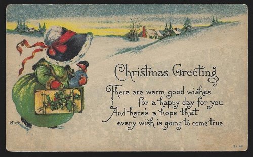 CHRISTMAS GREETING POSTCARD YOUNG LADY WALKING THROUGH SNOW