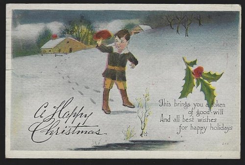 HAPPY CHRISTMAS POSTCARD LITTLE BOY WALKING OUTSIDE