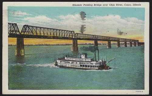 STEAMER PASSING BRIDGE OVER OHIO RIVER, CAIRO, ILLINOIS