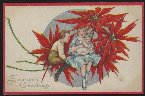 SEASON'S GREETINGS POSTCARD WITH CHILDREN AND POINSETTIAS
