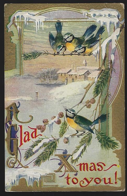 GLAD XMAS POSTCARD WITH BIRDS AND SNOWY LANDSCAPE