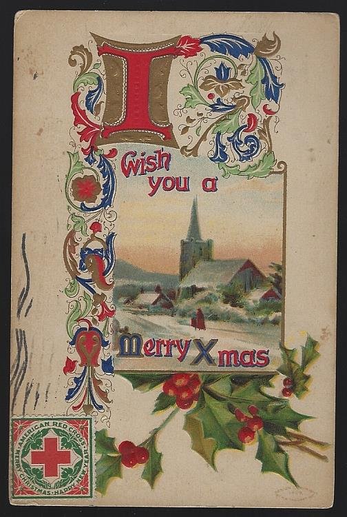 MERRY XMAS POSTCARD WITH SNOWY CHURCH