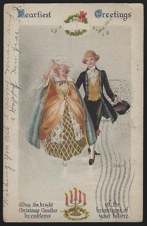CHRISTMAS POSTCARD WITH COLONIAL COUPLE
