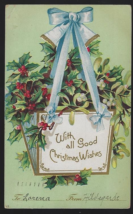 CHRISTMAS POSTCARD WITH HANGING BASKET OF HOLLY