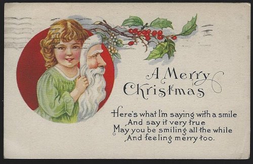 MERRY CHRISTMAS POSTCARD WITH GIRL WITH SANTA CLAUS MASK