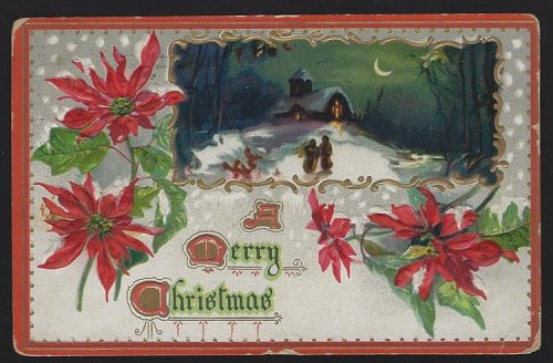 TUCK'S MERRY CHRISTMAS POSTCARD WITH SNOWY CHURCH AND POINSETTIAS