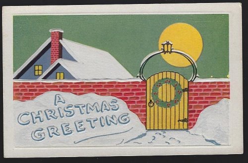 CHRISTMAS GREETING POSTCARD WITH SNOWY HOUSE AND FULL MOON