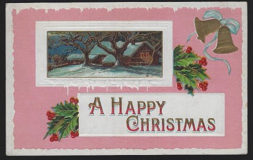 HAPPY CHRISTMAS POSTCARD WITH SNOWY HOUSE
