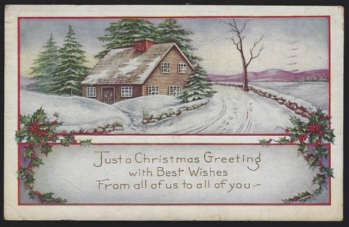 CHRISTMAS GREETING POSTCARD WITH SNOWY HOUSE