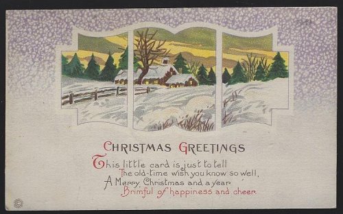 CHRISTMAS GREETINGS POSTCARD WITH SNOWY LANDSCAPE AND HOUSE