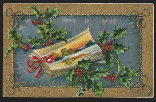 CHRISTMAS POSTCARD WITH BOOK AND HOLLY