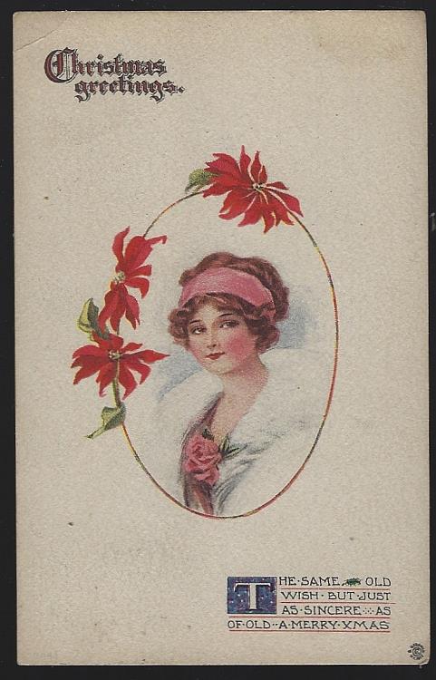 CHRISTMAS GREETINGS POSTCARD WITH LOVELY LADY