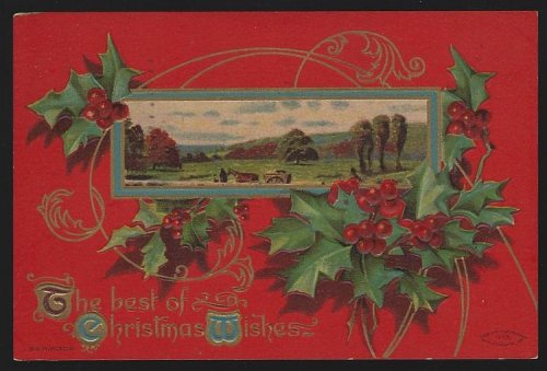 CHRISTMAS WISHES POSTCARD WITH LANDSCAPE AND HOLLY