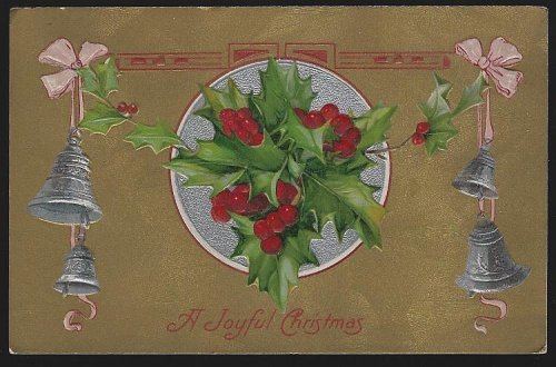 JOYFUL CHRISTMAS POSTCARD WITH BELLS AND HOLLY