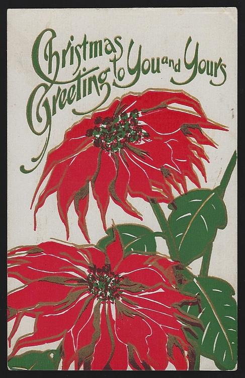 CHRISTMAS GREETING POSTCARD WITH POINSETTIAS
