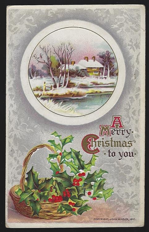 MERRY CHRISTMAS POSTCARD WITH SNOWY LANDSCAPE