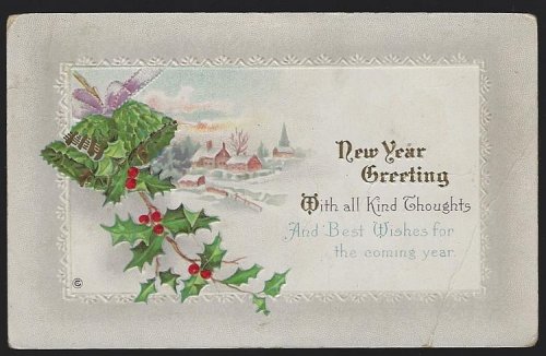 NEW YEAR GREETING POSTCARD WITH BELLS AND HOLLY