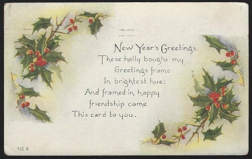 NEW YEAR GREETINGS POSTCARD WITH HOLLY