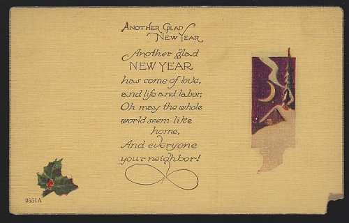NEW YEAR POSTCARD WITH SNOWY HOUSE