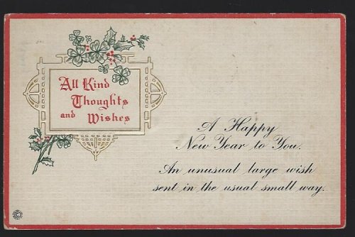 NEW YEAR POSTCARD WITH FOUR LEAF CLOVERS