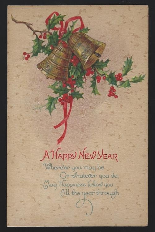 NEW YEAR POSTCARD WITH BELLS AND HOLLY