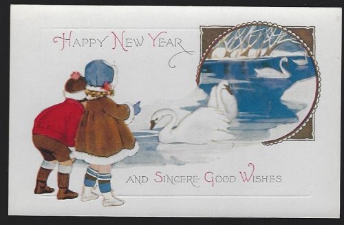 TWO CUTE KIDS WITH SWANS WISH A HAPPY NEW YEAR POSTCARD