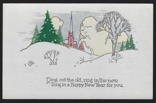 NEW YEAR POSTCARD WITH SNOWY CHURCH