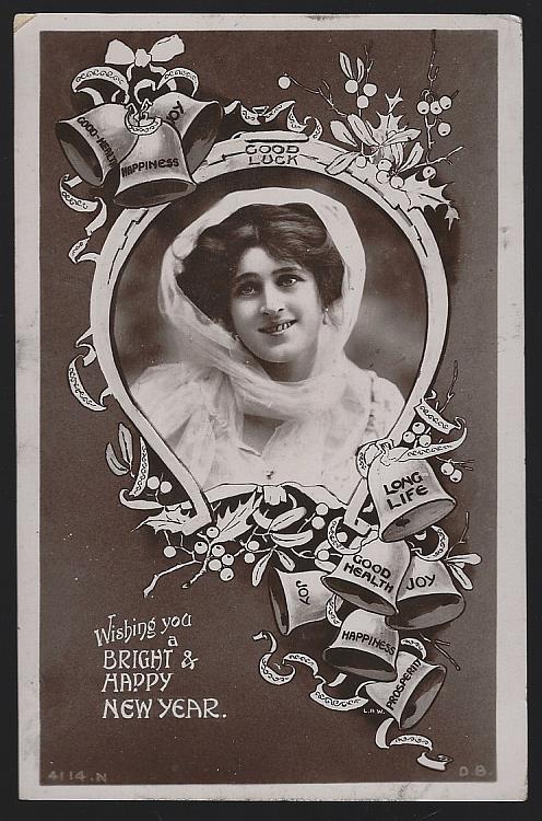 NEW YEAR POSTCARD WITH LOVELY LADY AND BELLS