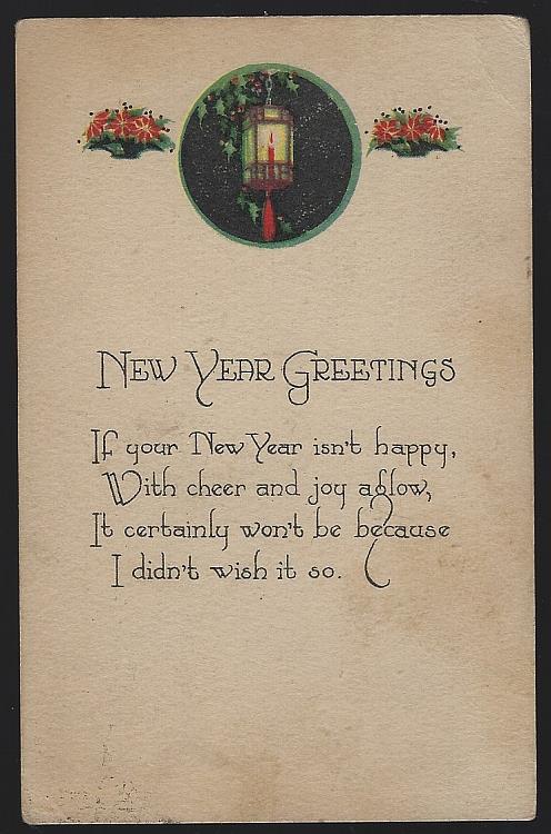 NEW YEAR GREETINGS POSTCARD WITH LANTERN