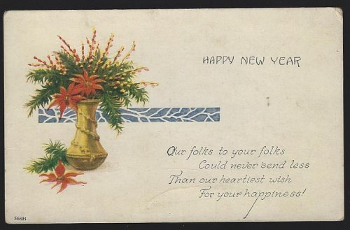 NEW YEAR POSTCARD WITH VASE FILLED WITH POINSETTIAS