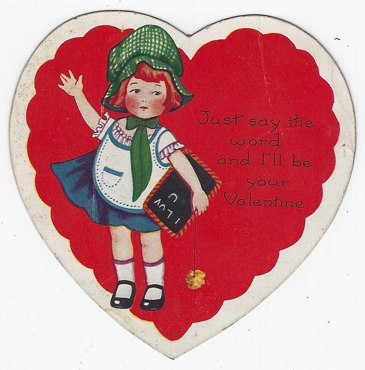 VINTAGE VALENTINE WITH LITTLE GIRL AND HER CHALK BOARD