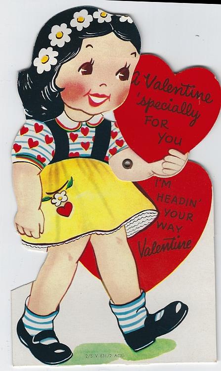 VINTAGE VALENTINE WITH LITTLE GIRL WITH MOVABLE ARM, HOLDING A HEART