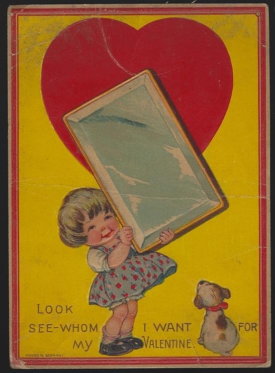 VINTAGE VALENTINE CARD WITH GIRL HOLDING A MIRROR