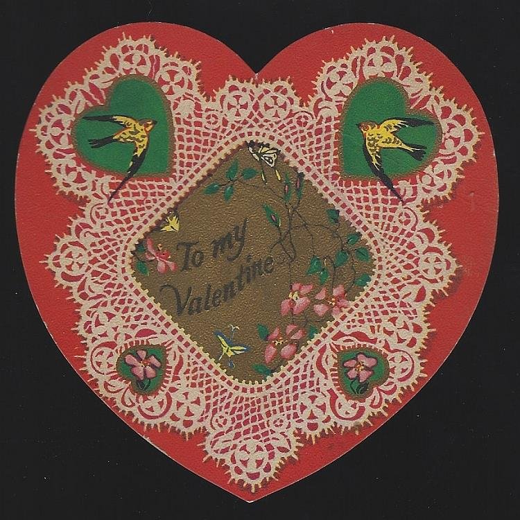 VINTAGE HEART SHAPED VALENTINE CARD WITH BIRDS